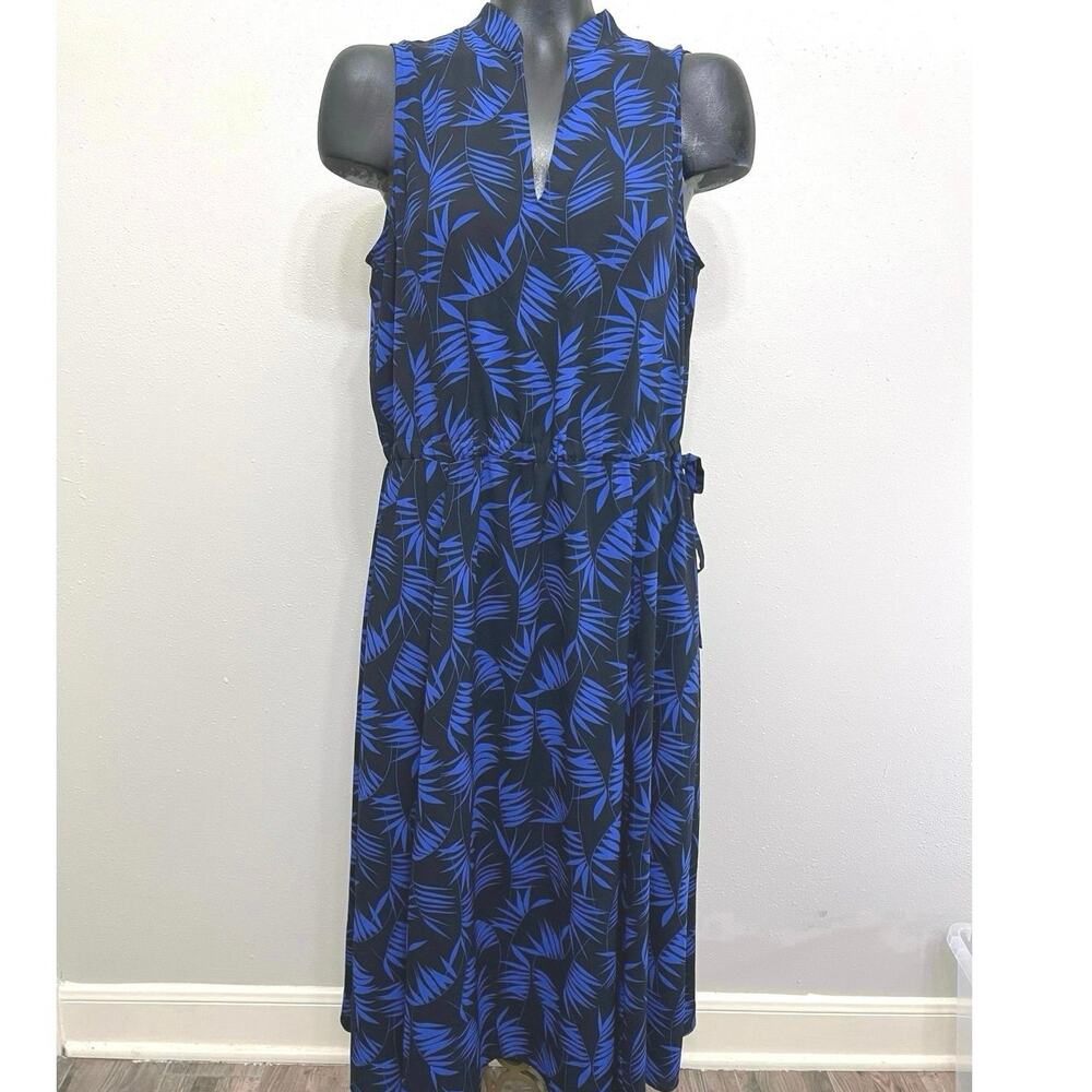 Anne Klein Maxi‎ Dress Sz M Fit & Flare Sleeveless Palm Print Tie Waist Preppy